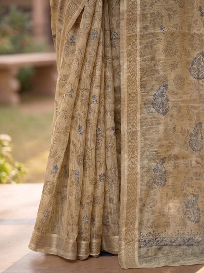 Beige Linen Cotton Saree with Floral Paisley Motifs & Elegant Border