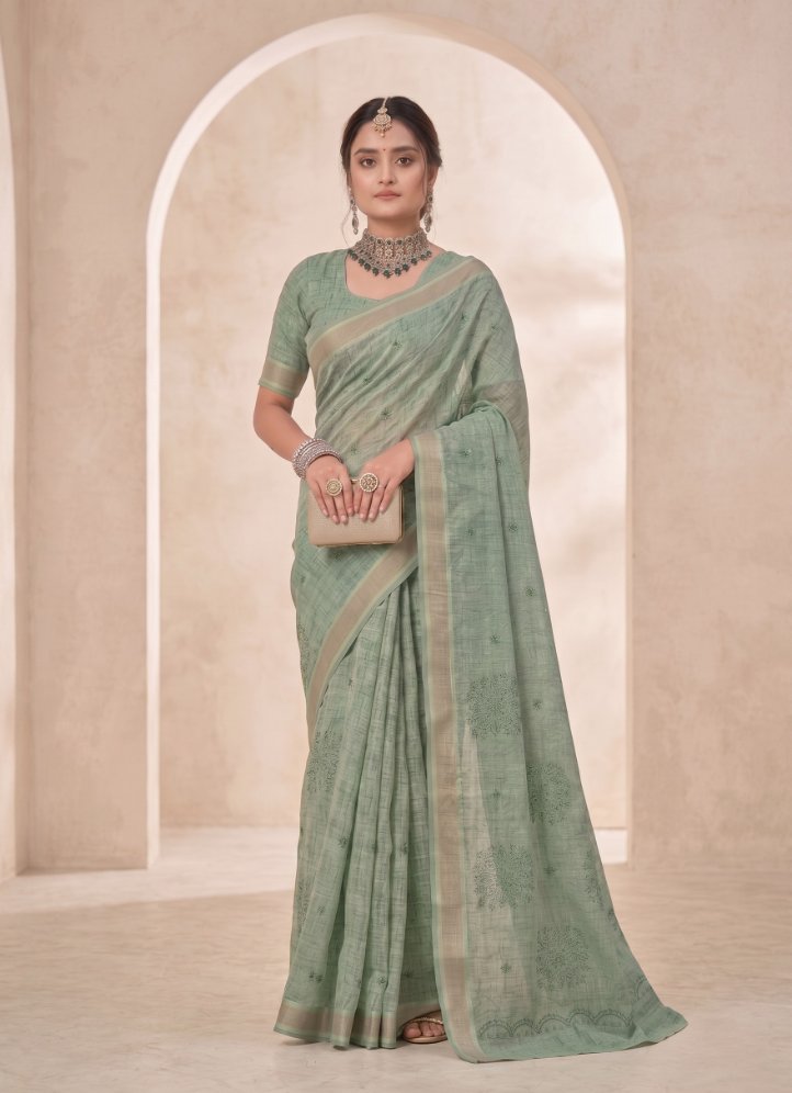 Sage Green Linen Cotton Saree with Elegant Border