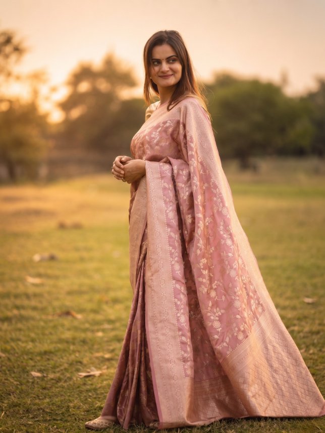 Blush Pink Woven Silk Saree with Gold Floral Zari & Elegant Border