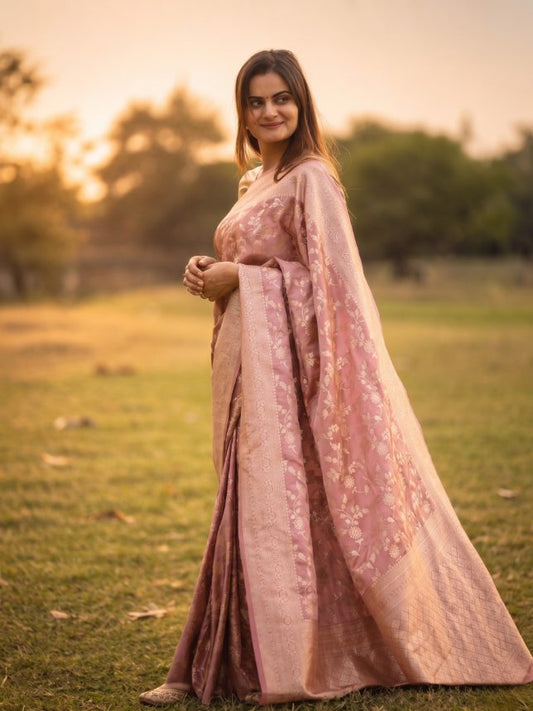 Blush Pink Woven Silk Saree with Gold Floral Zari & Elegant Border