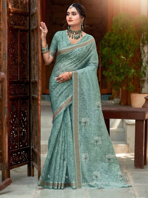 Green Handloom Cotton Saree with Elegant Woven Border