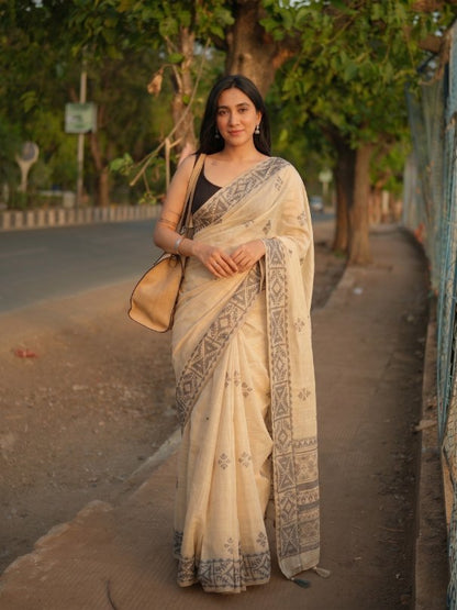 Ivory Cotton Saree with Grey Tribal Woven Border