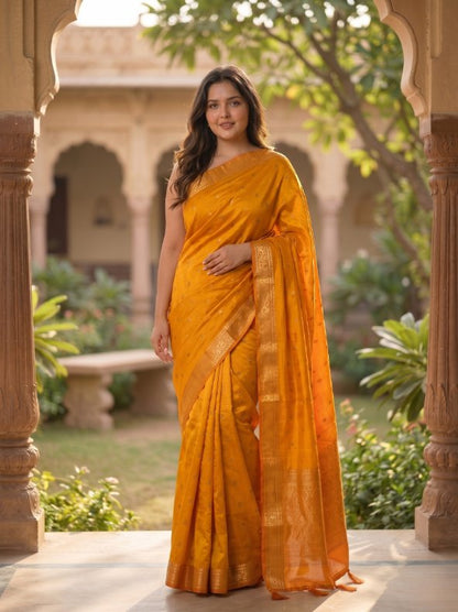 Mustard Yellow Banarasi Silk Saree with Rich Zari Border