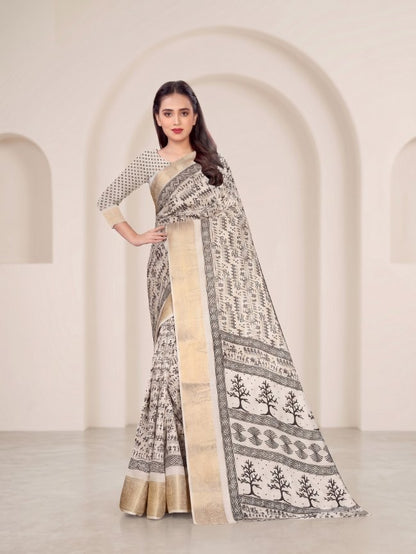Ivory Cotton Saree with Bastar Tribal Print & Elegant Gold Border