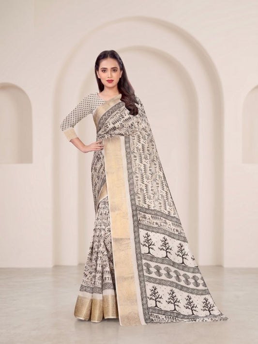 Ivory Cotton Saree with Bastar Tribal Print & Elegant Gold Border