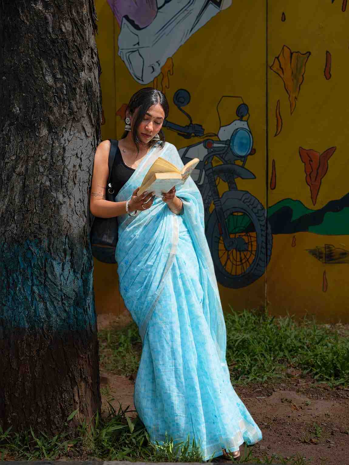 Aqua Blue Cotton Saree with Silver Border