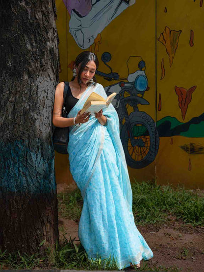 Aqua Blue Cotton Saree with Silver Border