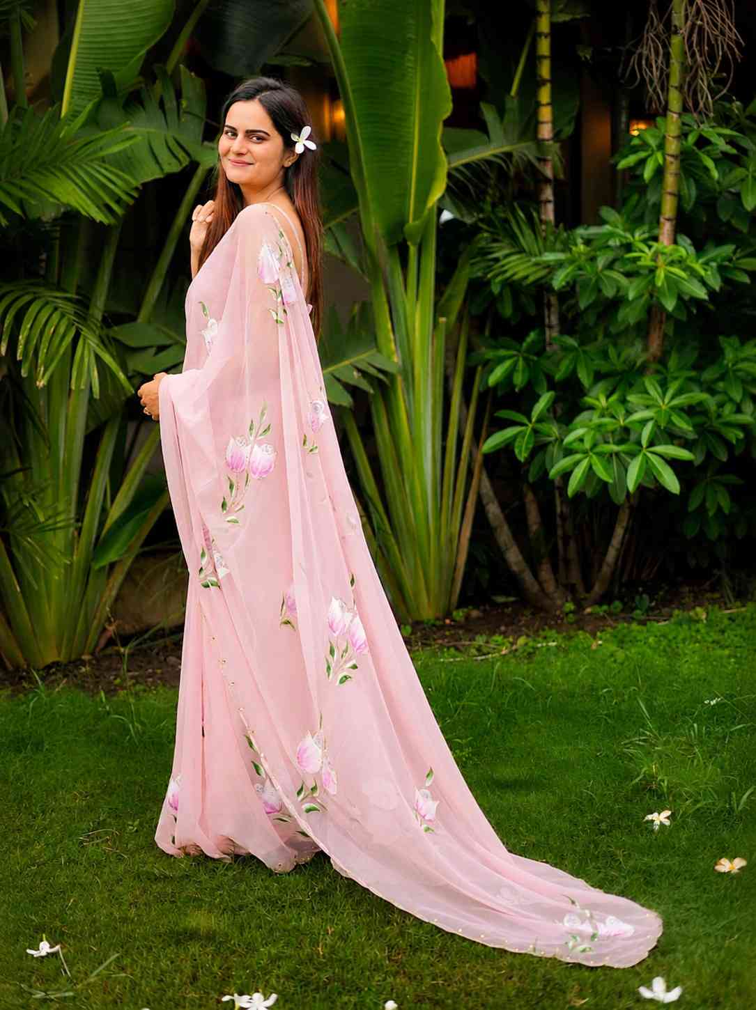 Blush Pink Hand-Painted Georgette Saree with Floral Art