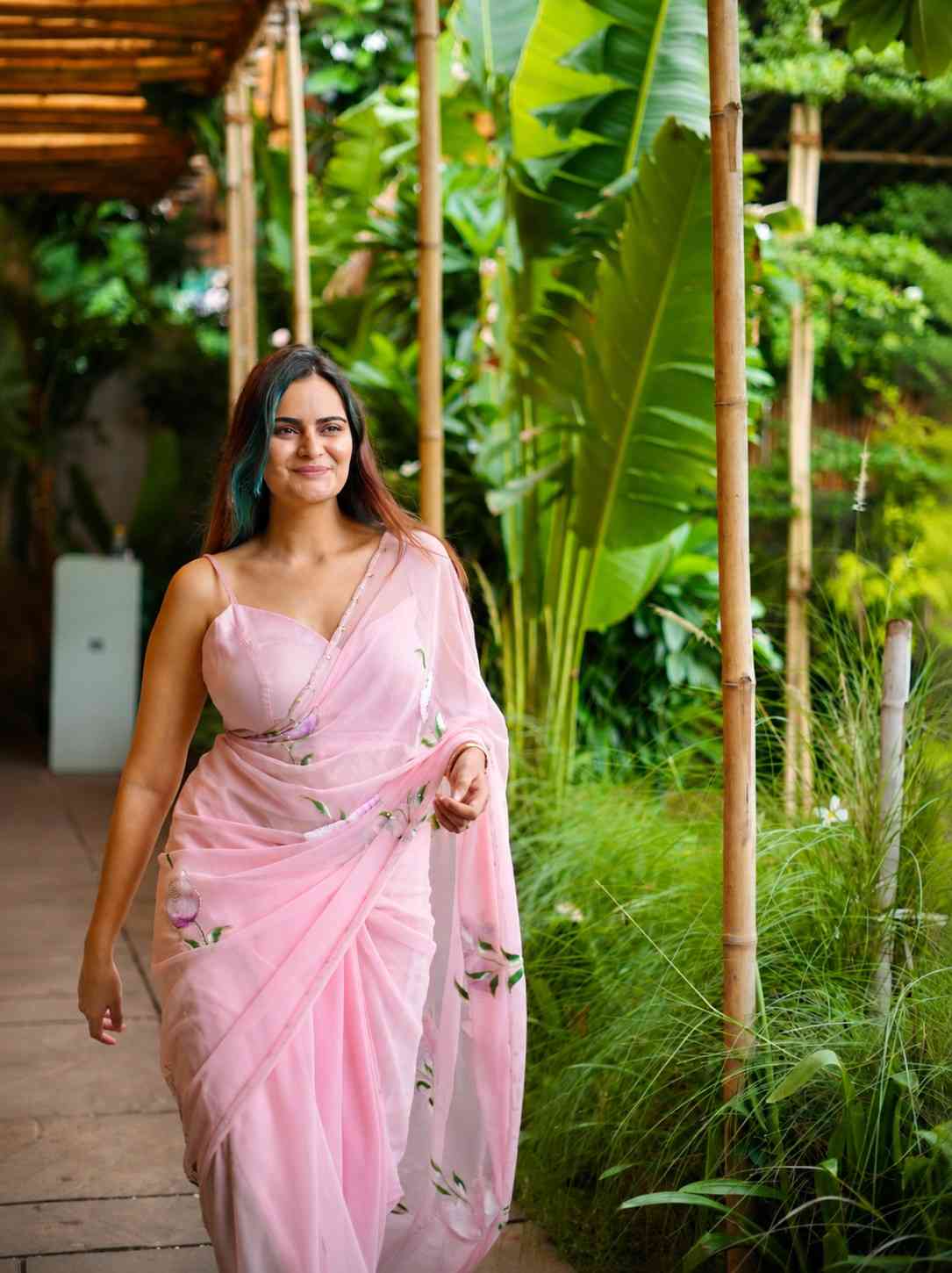 Blush Pink Hand-Painted Georgette Saree with Floral Art