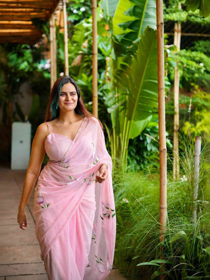 Blush Pink Hand-Painted Georgette Saree with Floral Art
