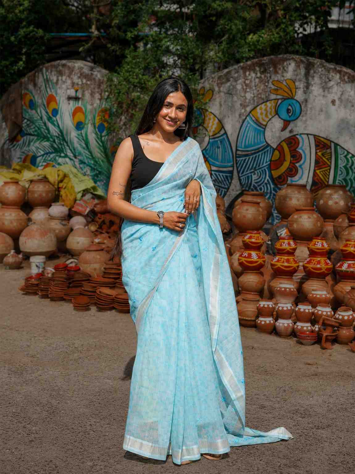 Aqua Blue Cotton Saree with Silver Border