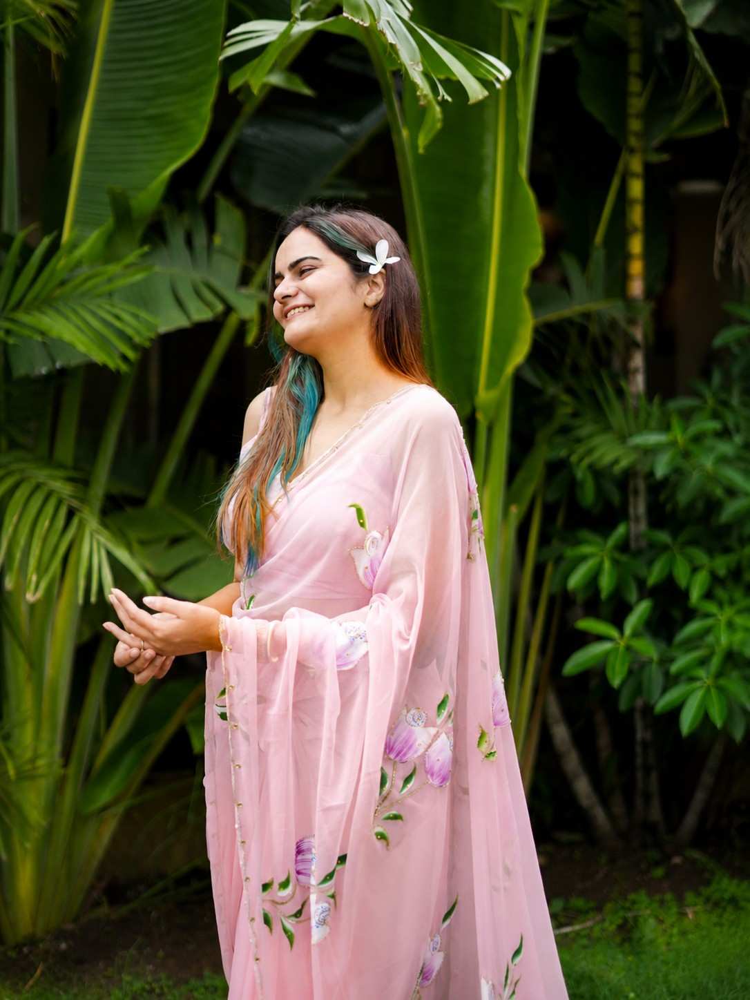 Blush Pink Hand-Painted Georgette Saree with Floral Art