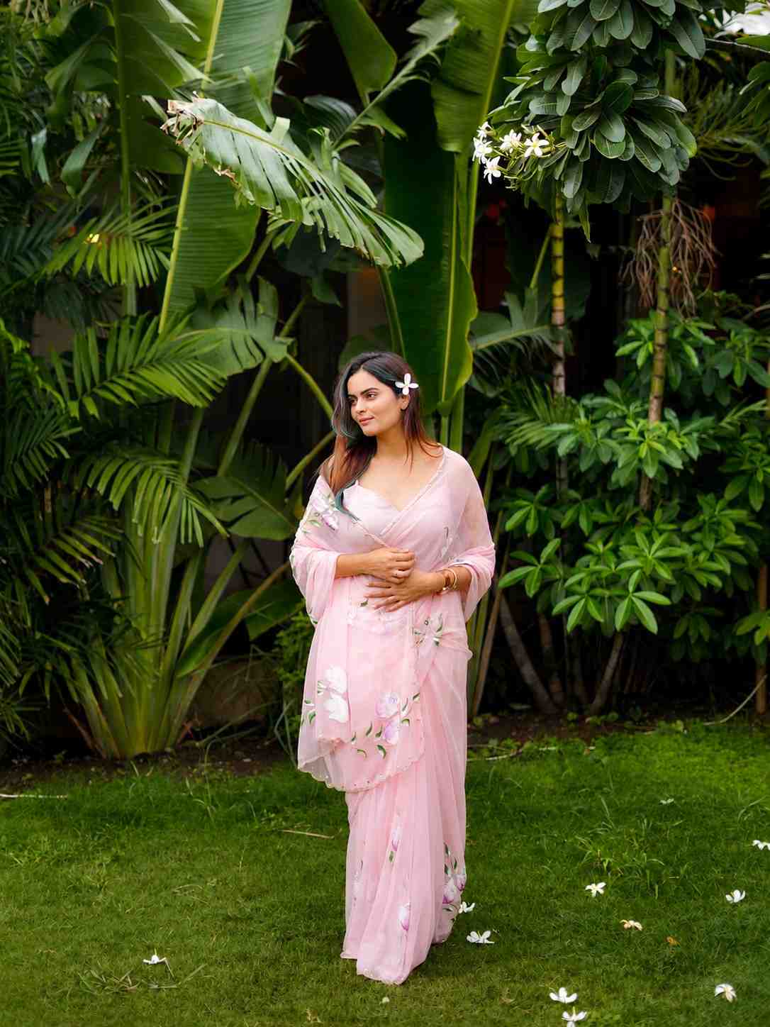 Blush Pink Hand-Painted Georgette Saree with Floral Art
