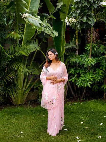 Blush Pink Hand-Painted Georgette Saree with Floral Art