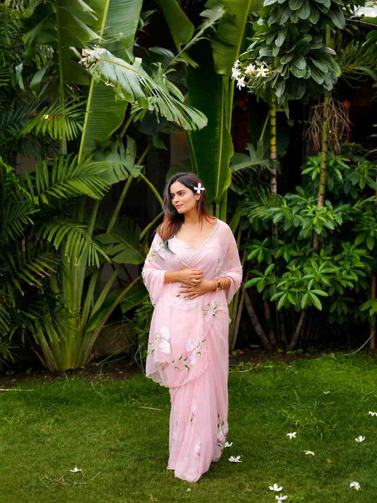 Blush Pink Hand-Painted Georgette Saree with Floral Art
