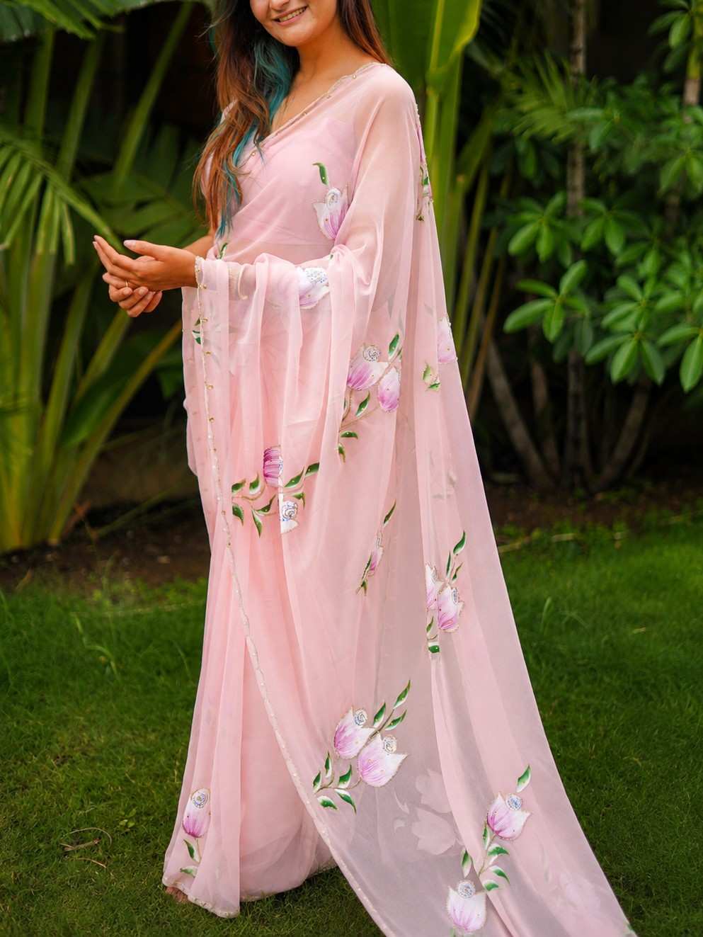 Blush Pink Hand-Painted Georgette Saree with Floral Art
