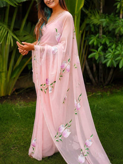 Blush Pink Hand-Painted Georgette Saree with Floral Art