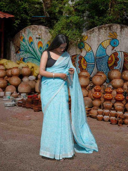 Aqua Blue Cotton Saree with Silver Border
