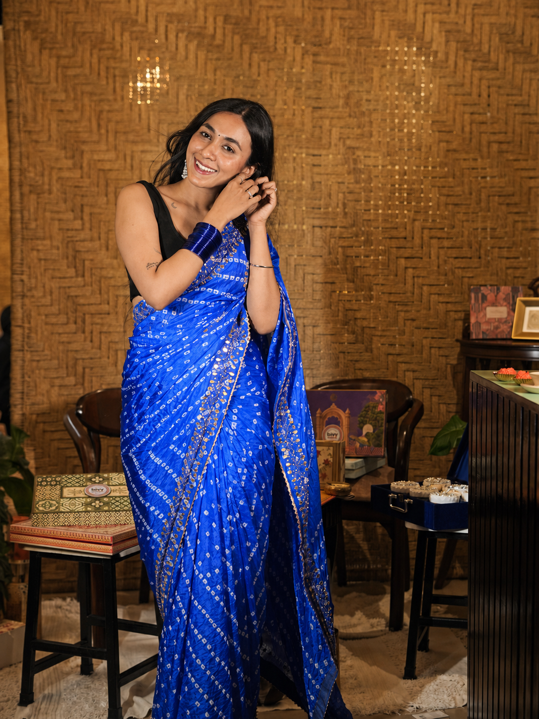Royal Blue Bandhani Saree with Gota Patti Hand Work