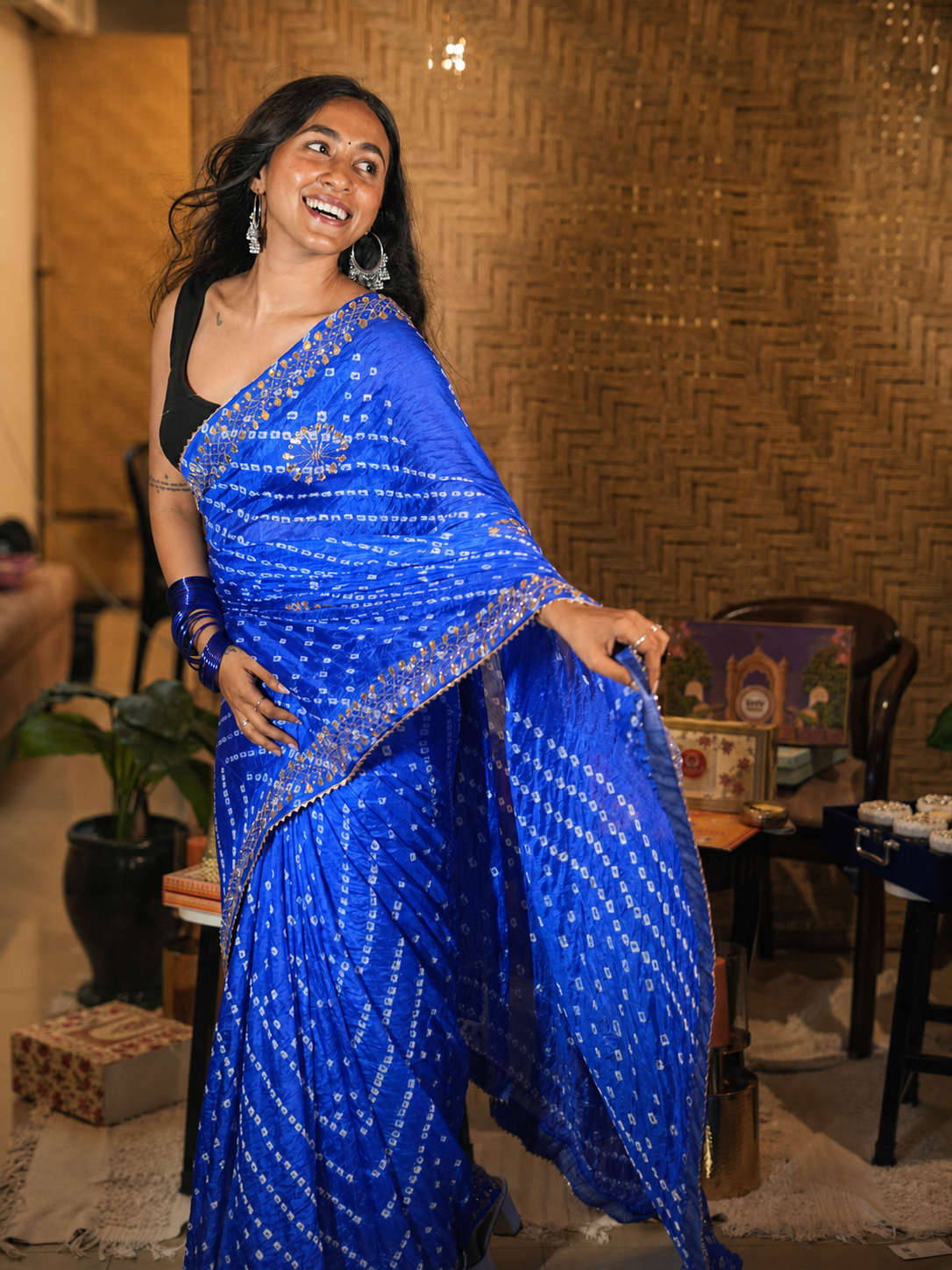 Royal Blue Bandhani Saree with Gota Patti Hand Work
