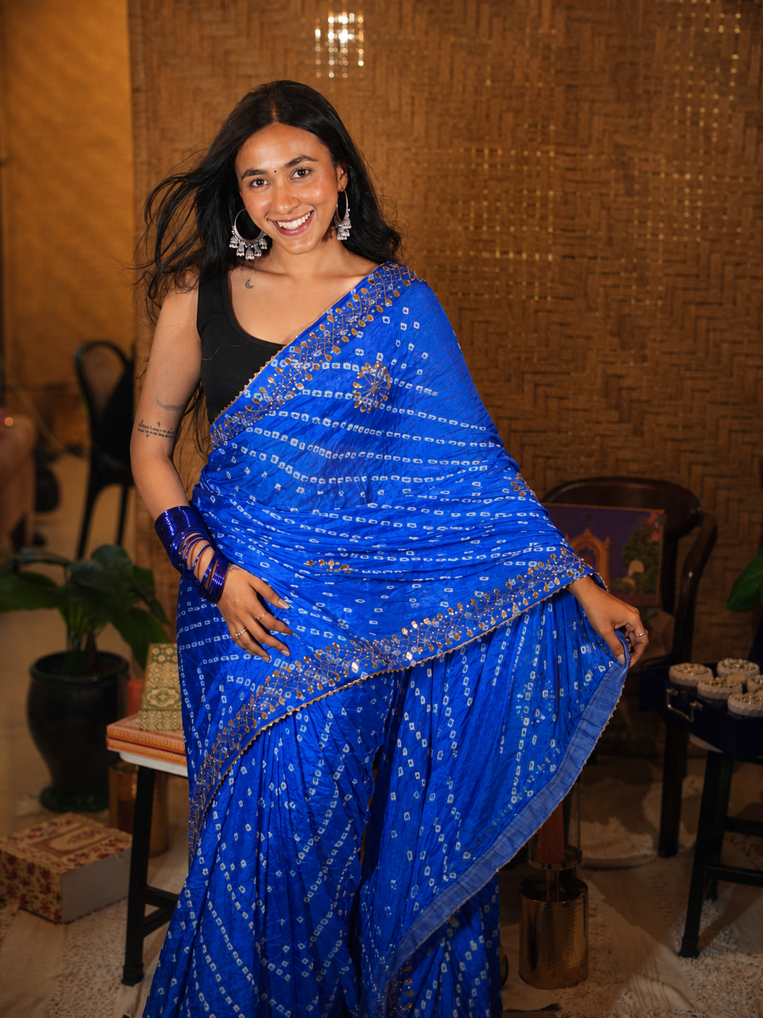Royal Blue Bandhani Saree with Gota Patti Hand Work
