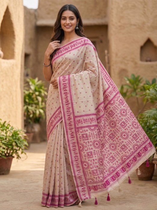 Soft Pink Jamdani Cotton Saree with Bastar Print & Contrast Woven Border