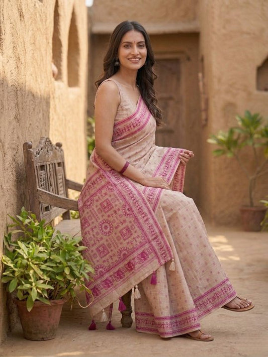 Soft Pink Jamdani Cotton Saree with Bastar Print & Contrast Woven Border
